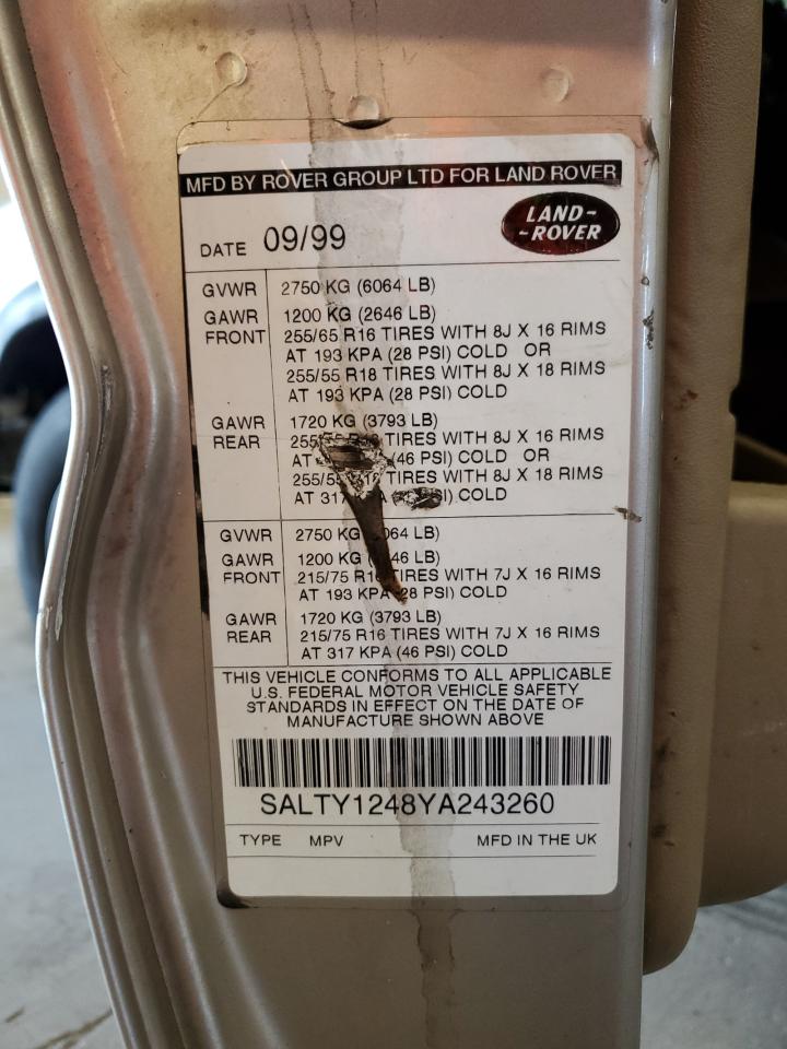 2000 Land Rover Discovery Ii VIN: SALTY1248YA243260 Lot: 80581465