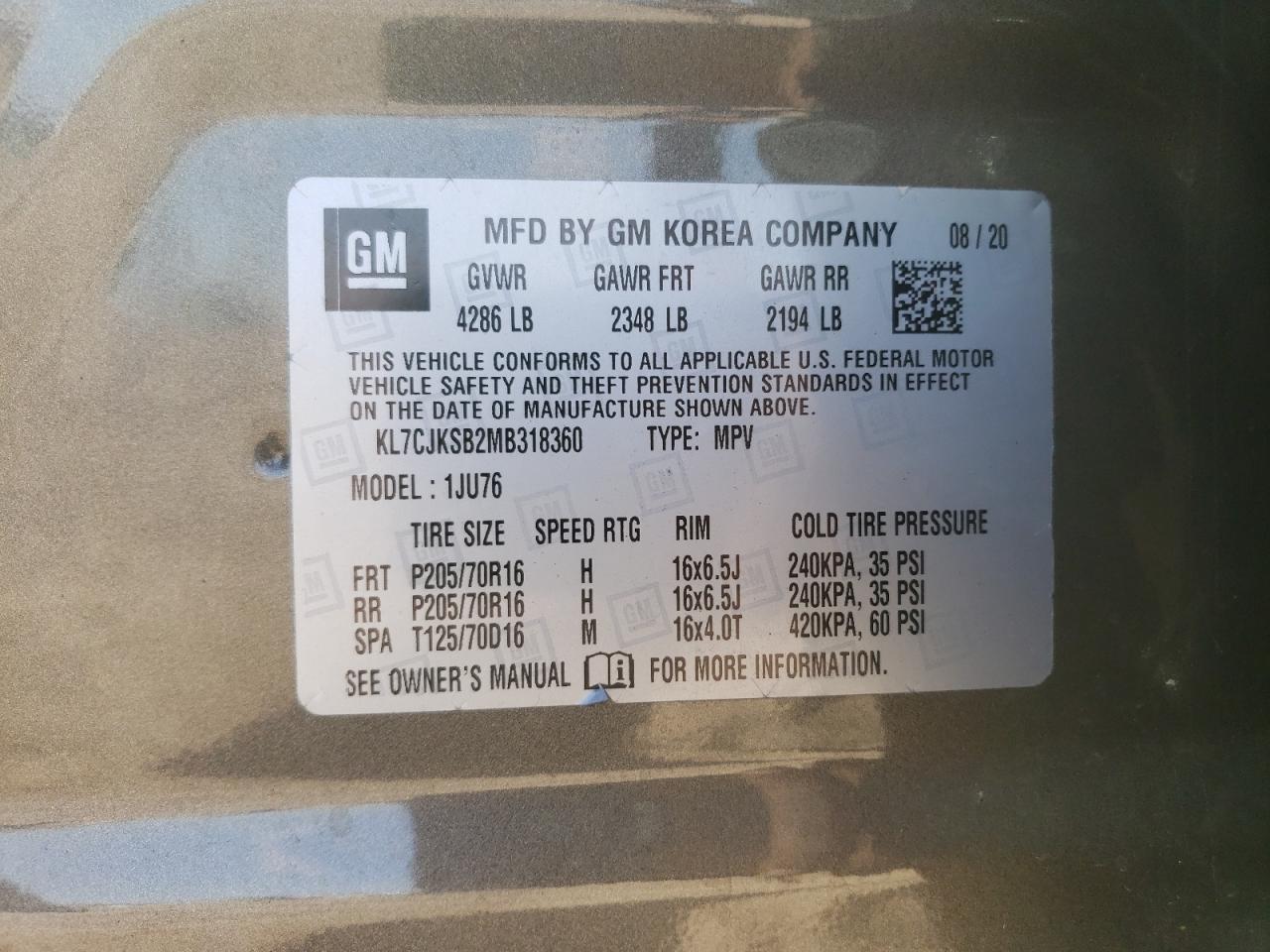 2021 Chevrolet Trax Ls VIN: KL7CJKSB2MB318360 Lot: 71312025