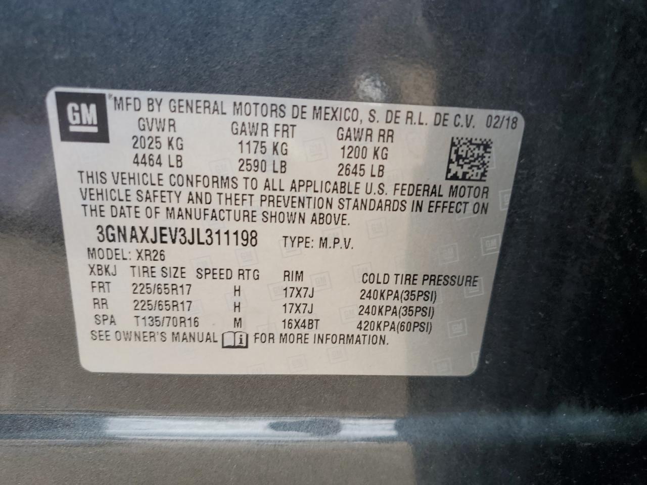 2018 Chevrolet Equinox Lt VIN: 3GNAXJEV3JL311198 Lot: 81715295