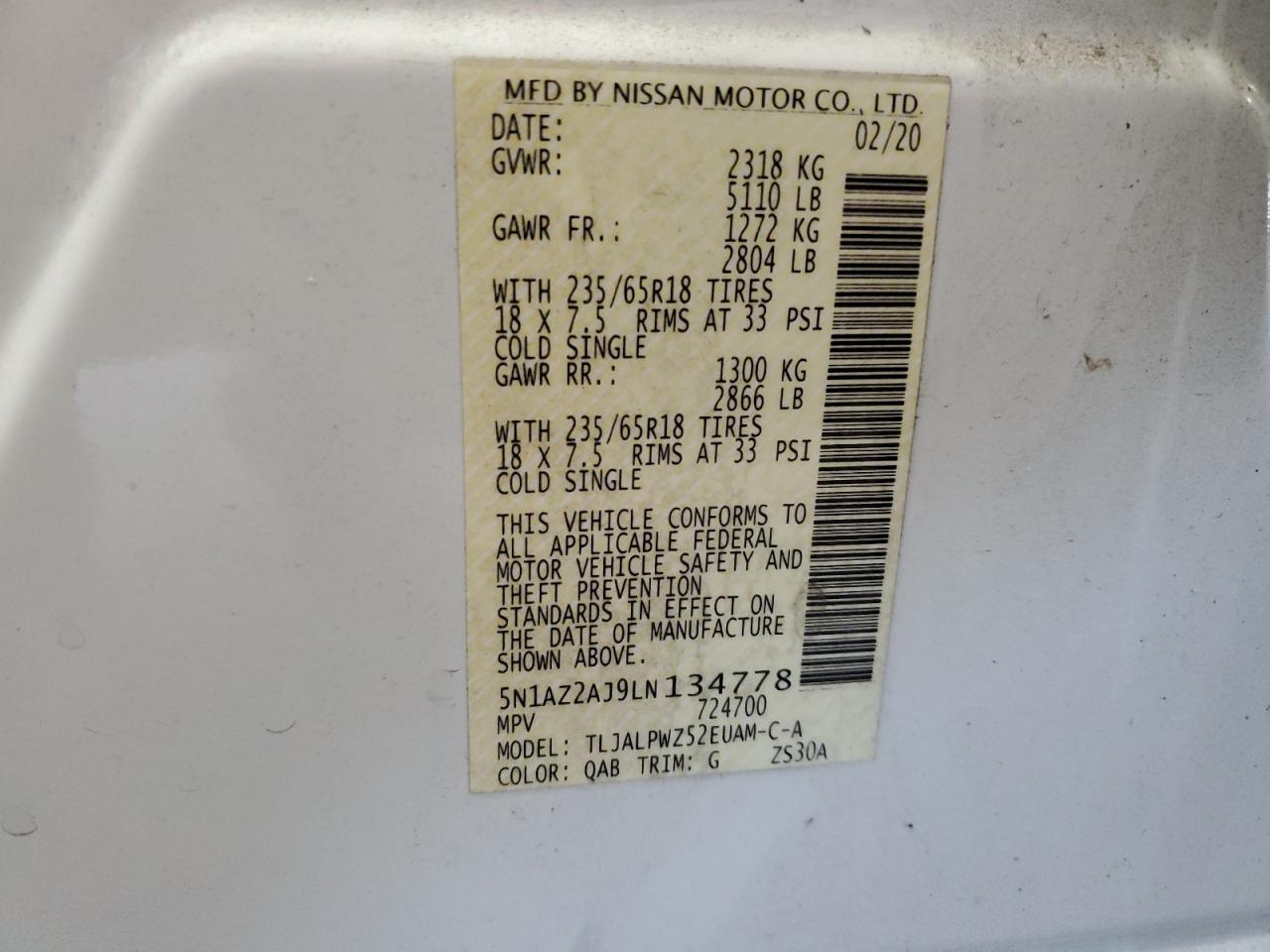 2020 Nissan Murano S VIN: 5N1AZ2AJ9LN134778 Lot: 80349155