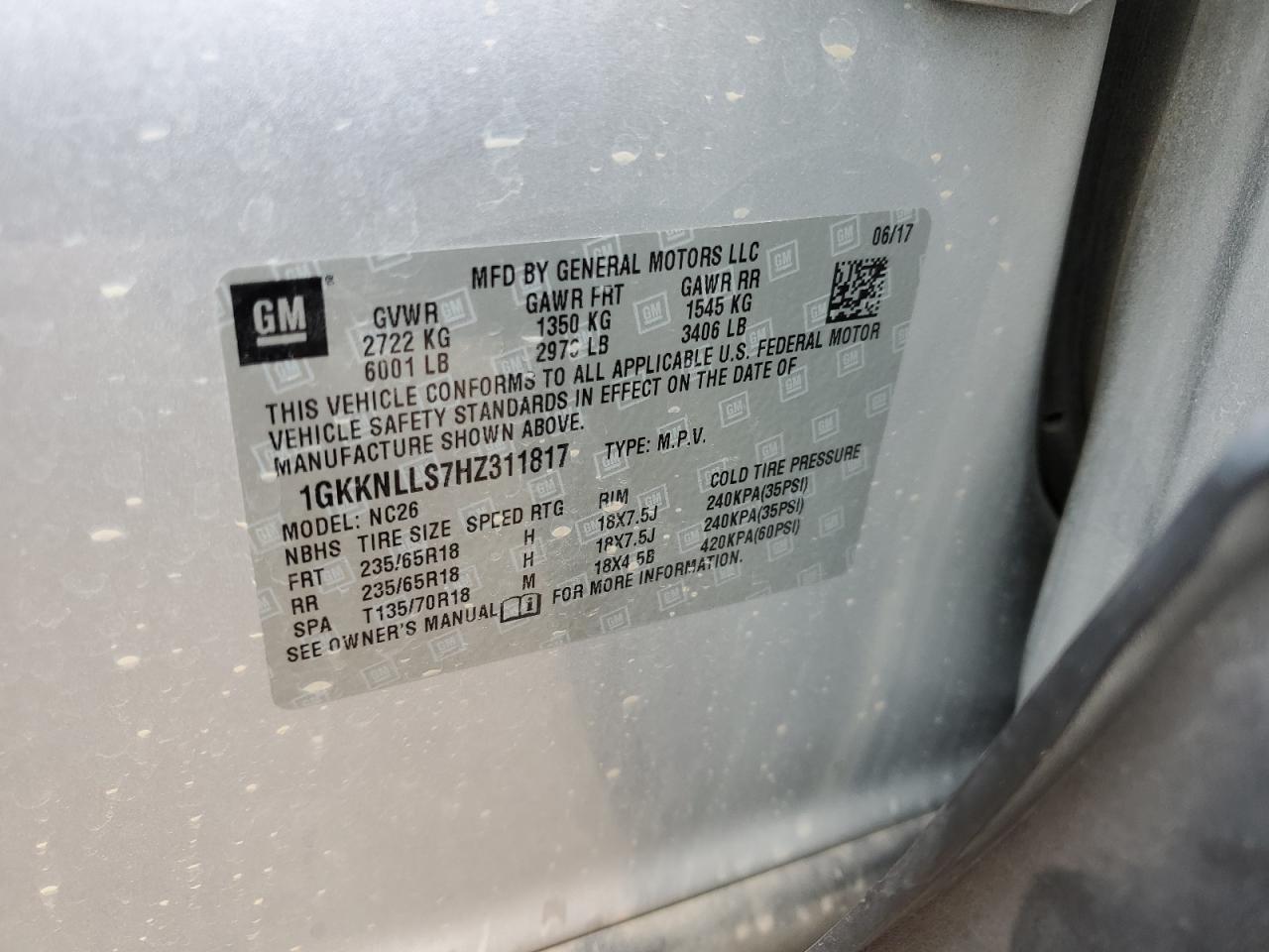 2017 GMC Acadia Sle VIN: 1GKKNLLS7HZ311817 Lot: 81644385