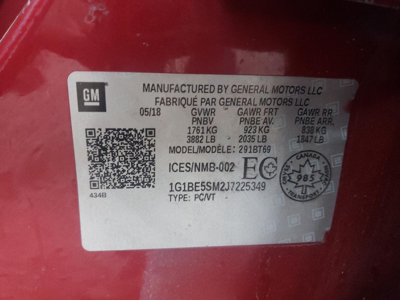 2018 Chevrolet Cruze Lt VIN: 1G1BE5SM2J7225349 Lot: 82066165