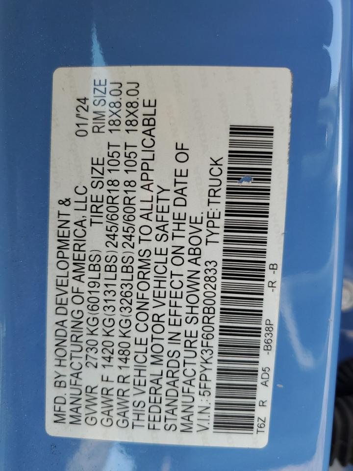 2024 Honda Ridgeline Trail Sport VIN: 5FPYK3F60RB002833 Lot: 80061025