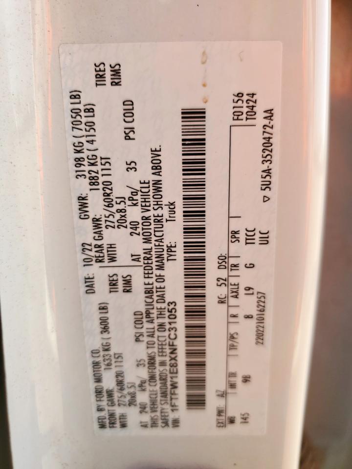 2022 Ford F150 Supercrew VIN: 1FTFW1E8XNFC31053 Lot: 84068545