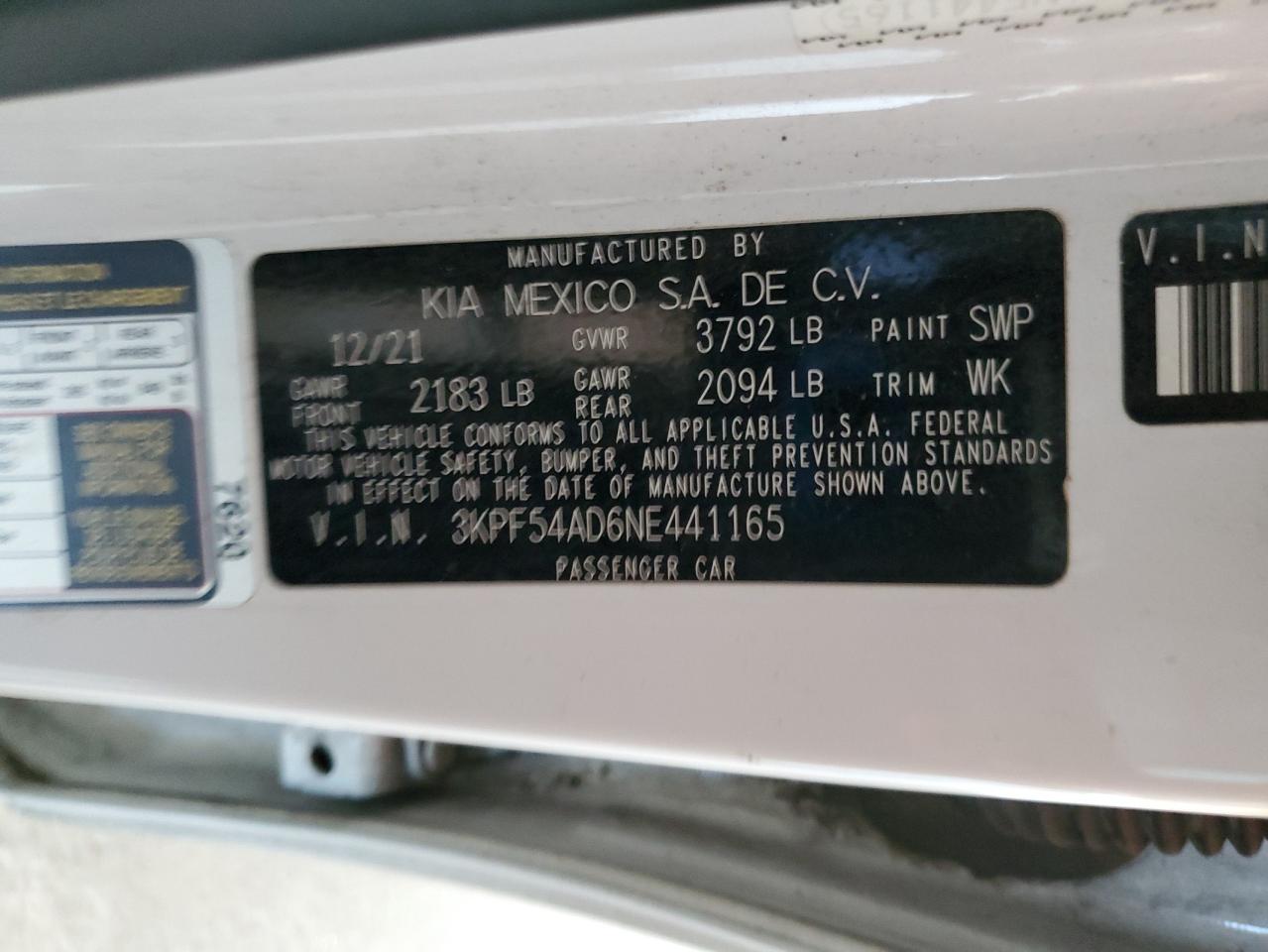 2022 Kia Forte Gt Line VIN: 3KPF54AD6NE441165 Lot: 83994015