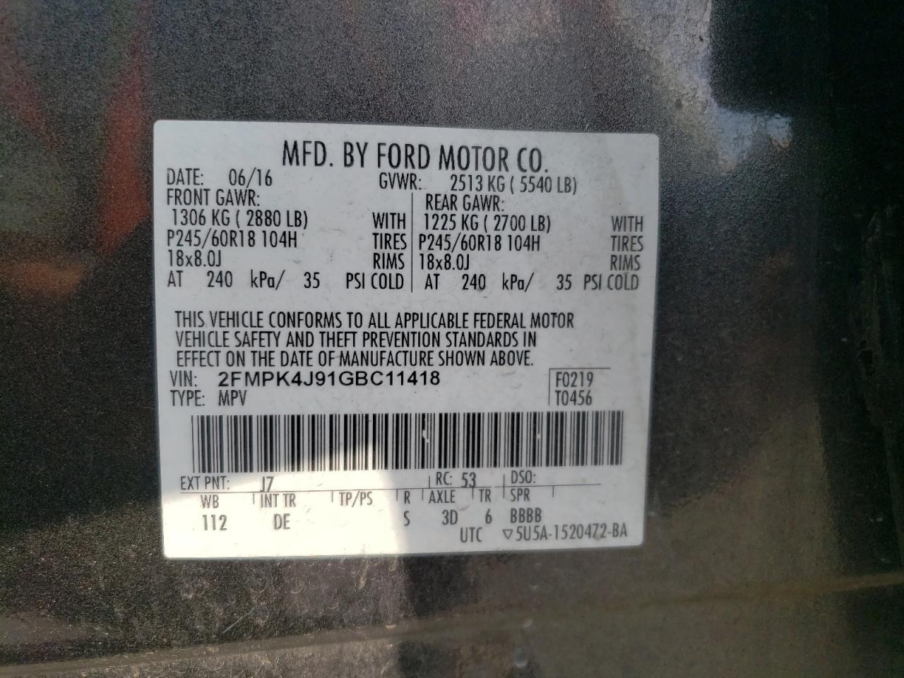 2016 Ford Edge Sel VIN: 2FMPK4J91GBC11418 Lot: 71912965