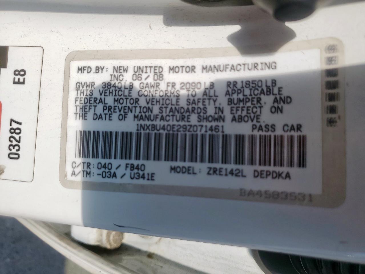 2009 Toyota Corolla Base VIN: 1NXBU40E29Z071461 Lot: 83986245