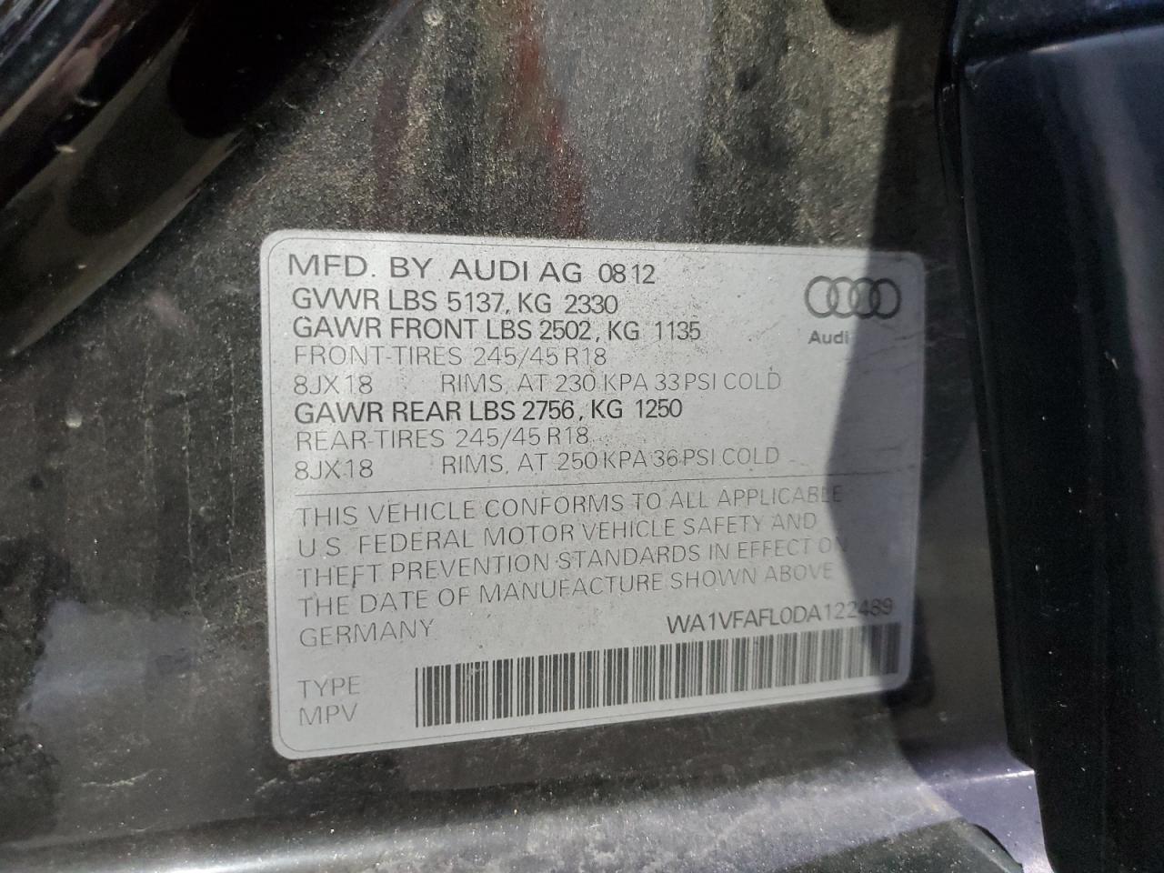 2013 Audi A4 Allroad Prestige VIN: WA1VFAFL0DA122489 Lot: 71720315