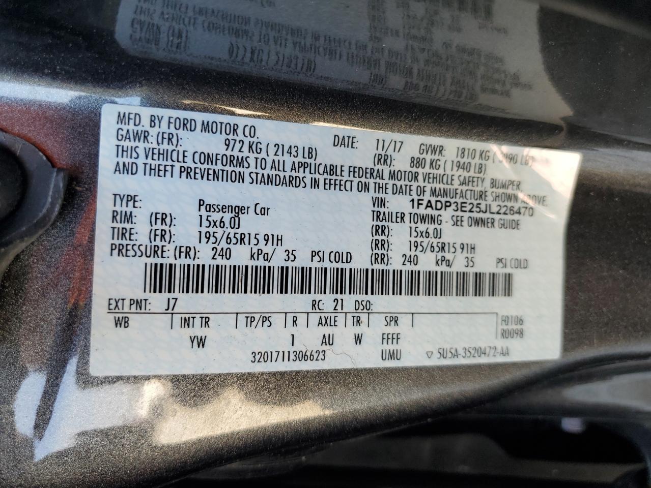 2018 Ford Focus S VIN: 1FADP3E25JL226470 Lot: 80216015