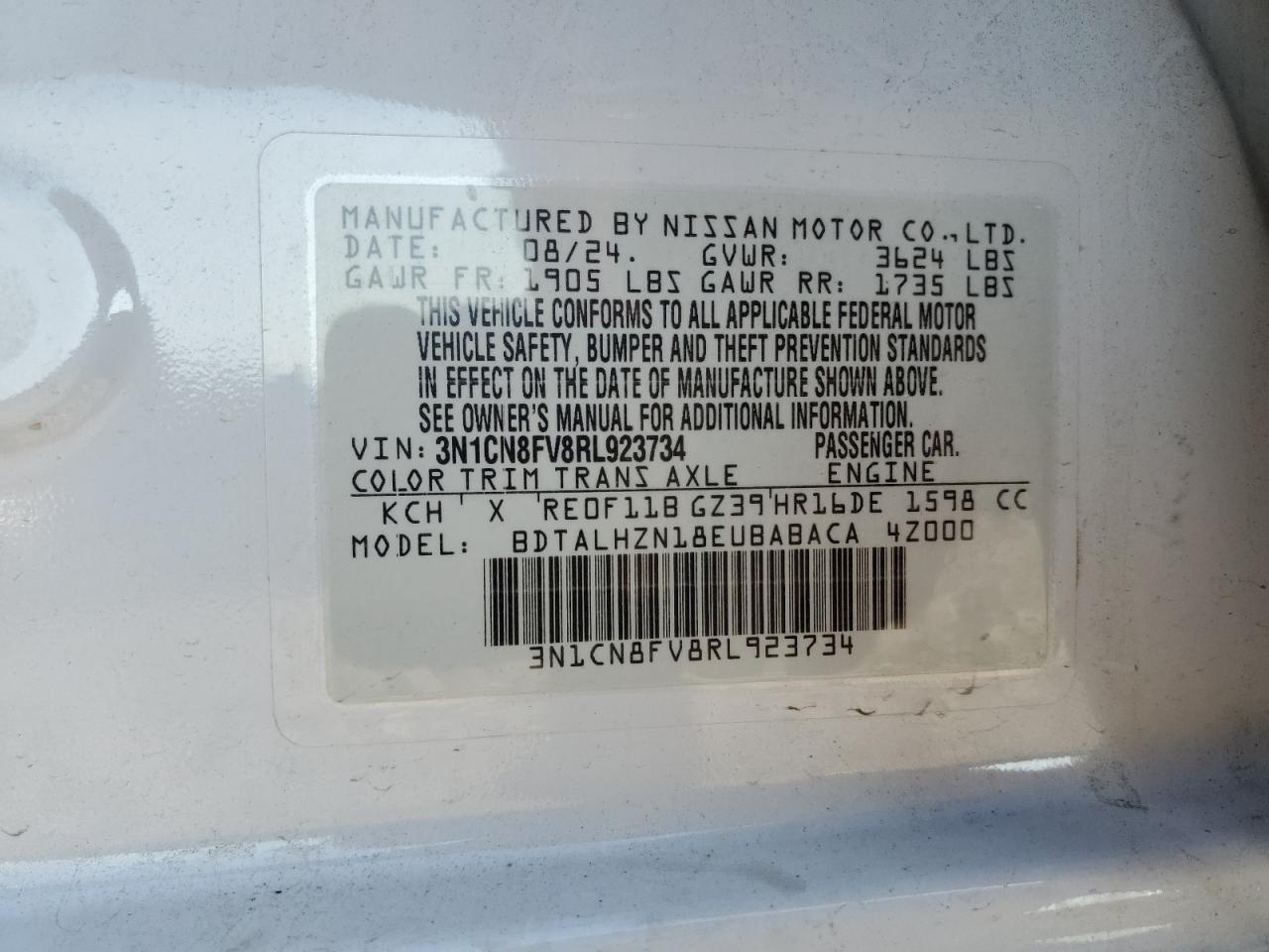 2024 Nissan Versa Sr VIN: 3N1CN8FV8RL923734 Lot: 84574675
