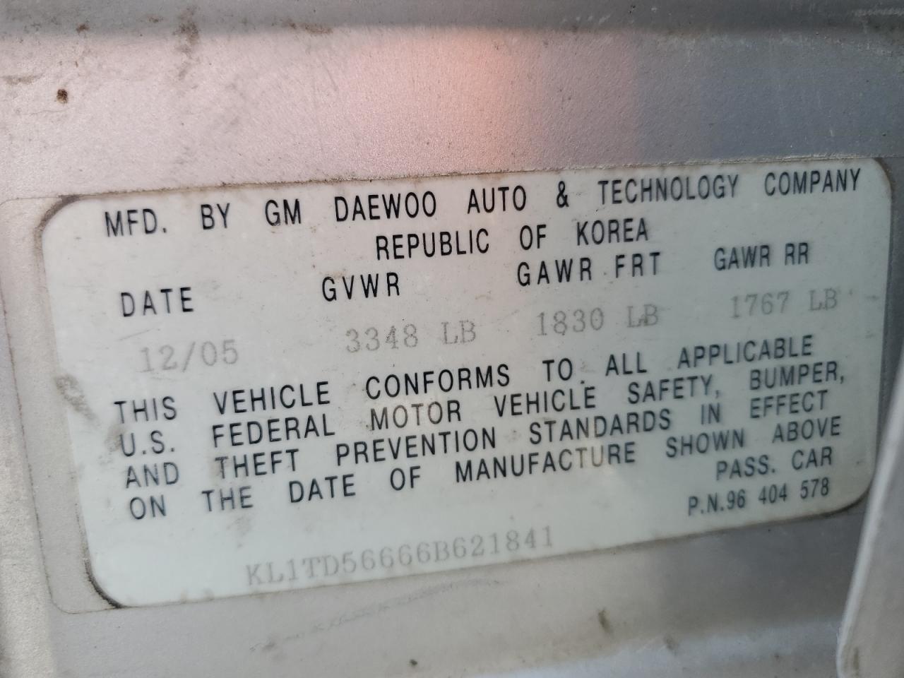 2006 Chevrolet Aveo Base VIN: KL1TD56666B621841 Lot: 81149405