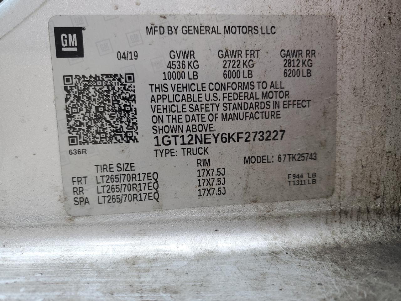 2019 GMC Sierra K2500 Heavy Duty VIN: 1GT12NEY6KF273227 Lot: 81224755