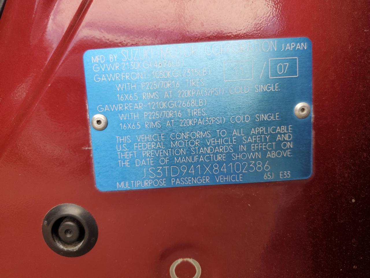 2008 Suzuki Grand Vitara VIN: JS3TD941X84102386 Lot: 80001115