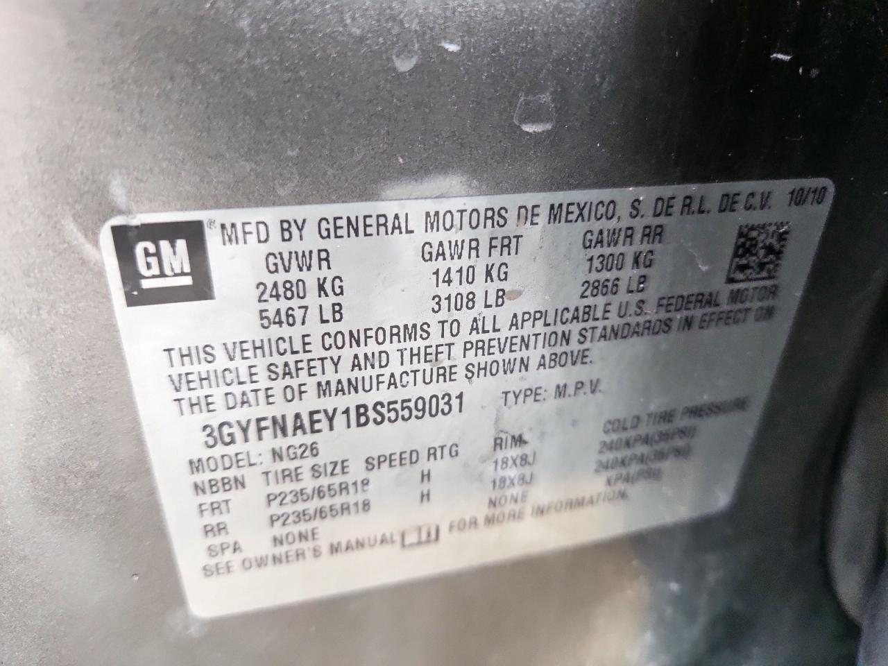 2011 Cadillac Srx Luxury Collection VIN: 3GYFNAEY1BS559031 Lot: 80068145