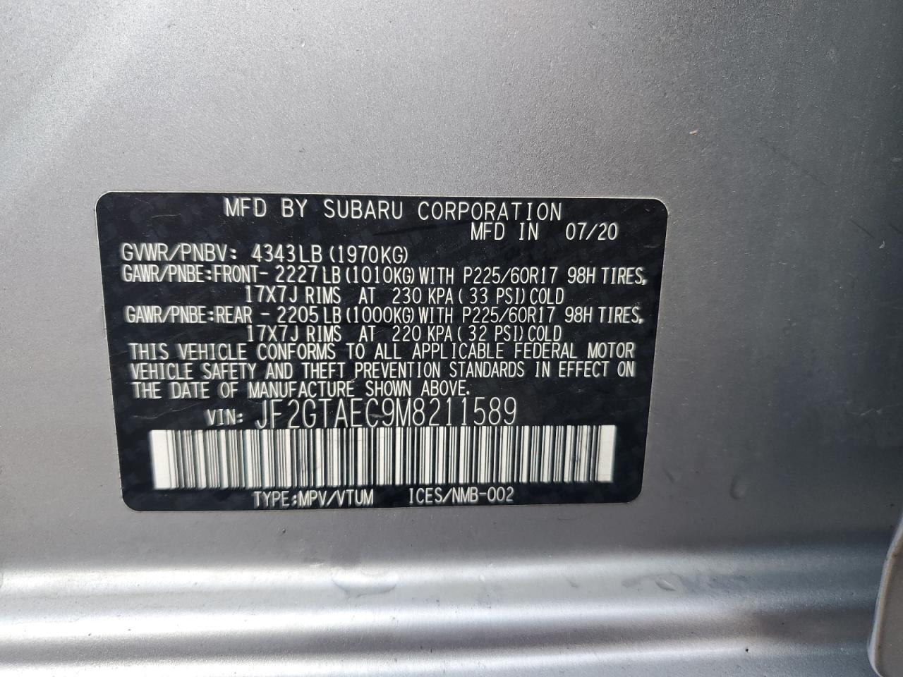 2021 Subaru Crosstrek Premium VIN: JF2GTAEC9M8211589 Lot: 72001925