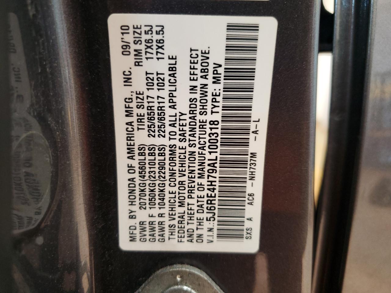 2010 Honda Cr-V Exl VIN: 5J6RE4H79AL100318 Lot: 81801245