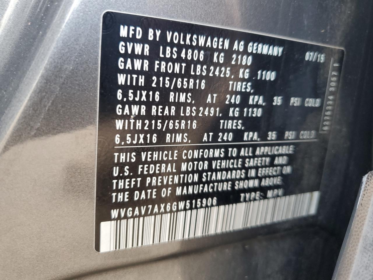 2016 Volkswagen Tiguan S VIN: WVGAV7AX6GW515906 Lot: 81921025