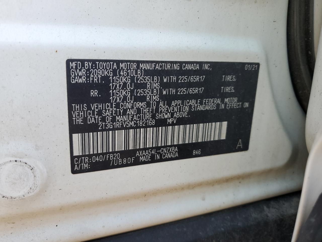 2021 Toyota Rav4 Le VIN: 2T3G1RFV5MC182168 Lot: 81224375