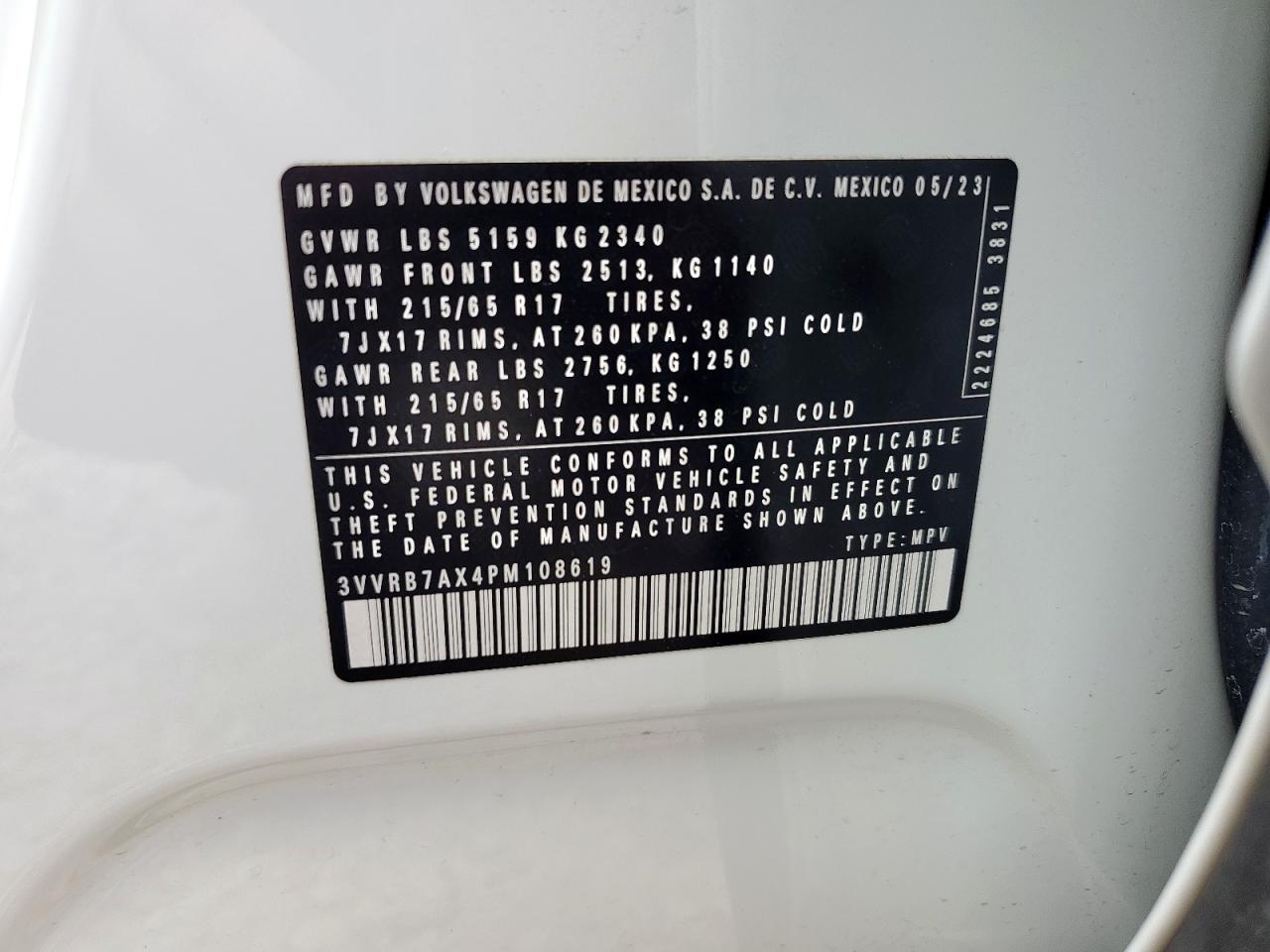 2023 Volkswagen Tiguan S VIN: 3VVRB7AX4PM108619 Lot: 81027915