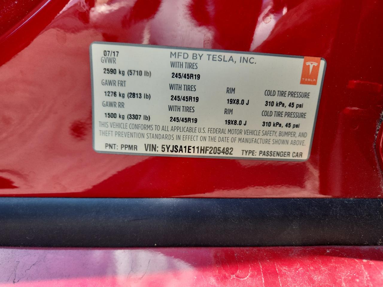 2017 Tesla Model S VIN: 5YJSA1E11HF205482 Lot: 81165125