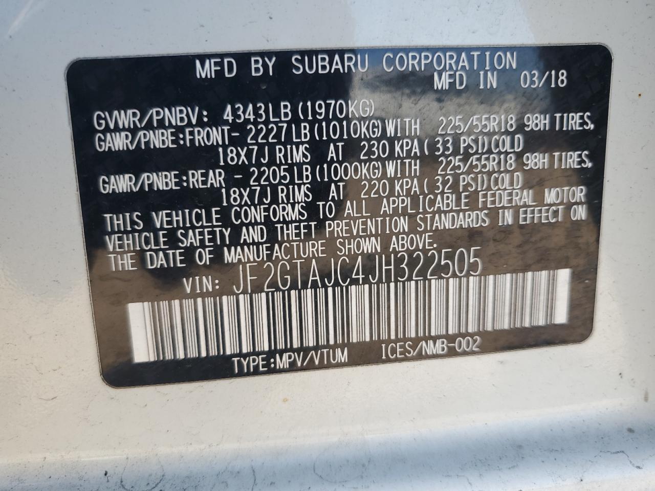 2018 Subaru Crosstrek Limited VIN: JF2GTAJC4JH322505 Lot: 81034125