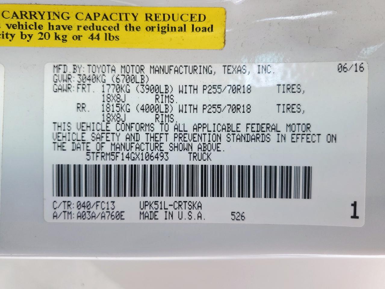 2016 Toyota Tundra Double Cab Sr VIN: 5TFRM5F14GX106493 Lot: 81608785