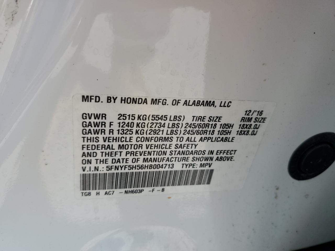 2017 Honda Pilot Exl VIN: 5FNYF5H56HB004713 Lot: 80169995