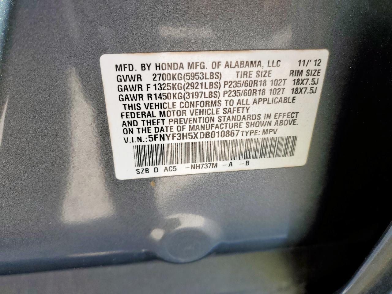 2013 Honda Pilot Exl VIN: 5FNYF3H5XDB010867 Lot: 83972655