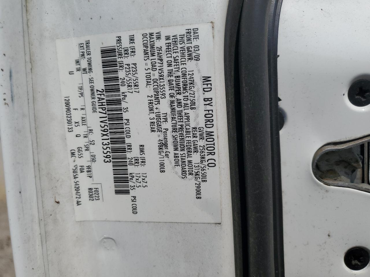 2009 Ford Crown Victoria Police Interceptor VIN: 2FAHP71V59X135593 Lot: 80792825