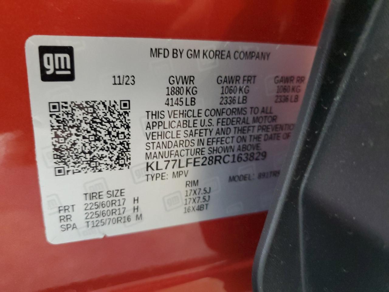 2024 Chevrolet Trax Ls VIN: KL77LFE28RC163829 Lot: 81080605