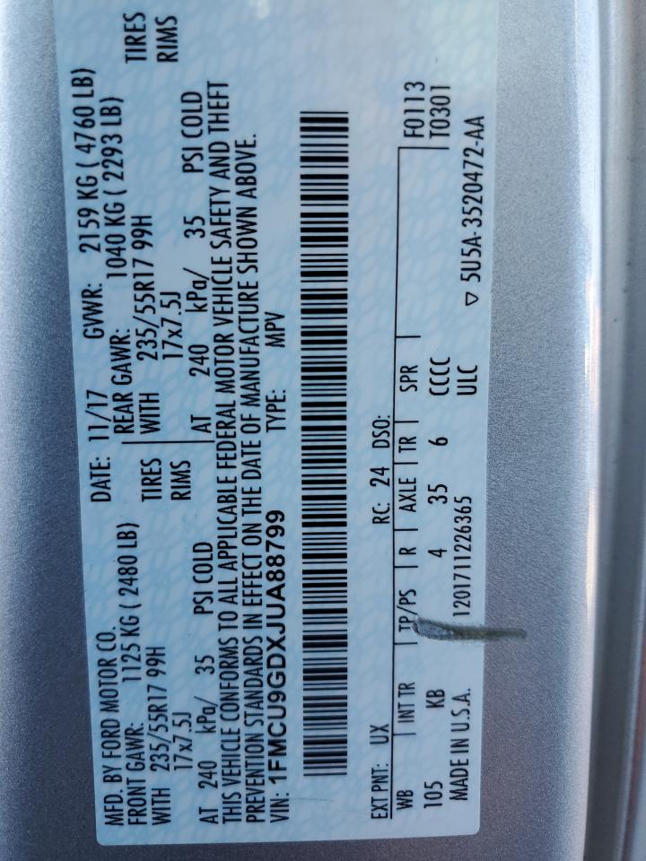 2018 Ford Escape Se VIN: 1FMCU9GDXJUA88799 Lot: 80791175