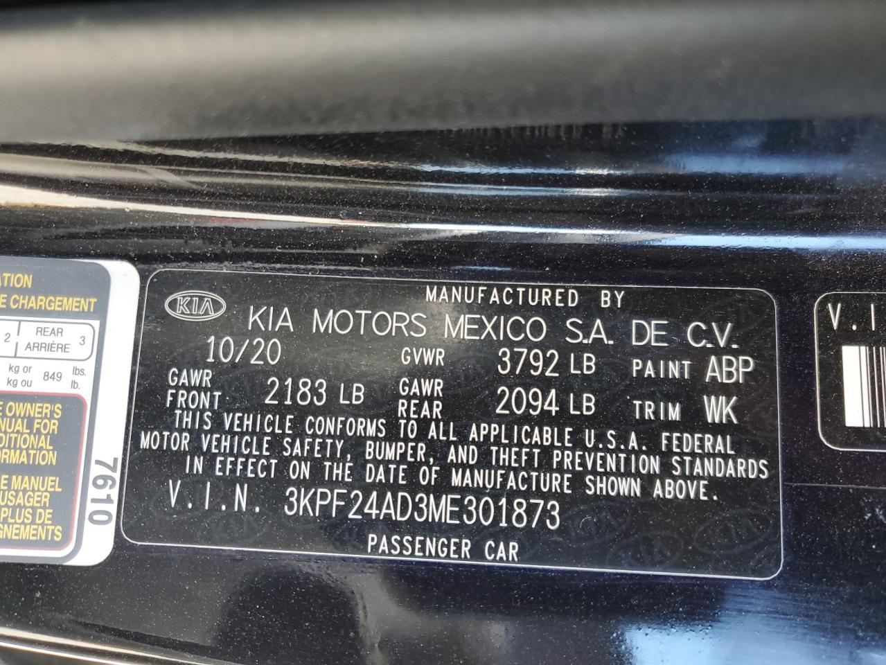 2021 Kia Forte Fe VIN: 3KPF24AD3ME301873 Lot: 83806135