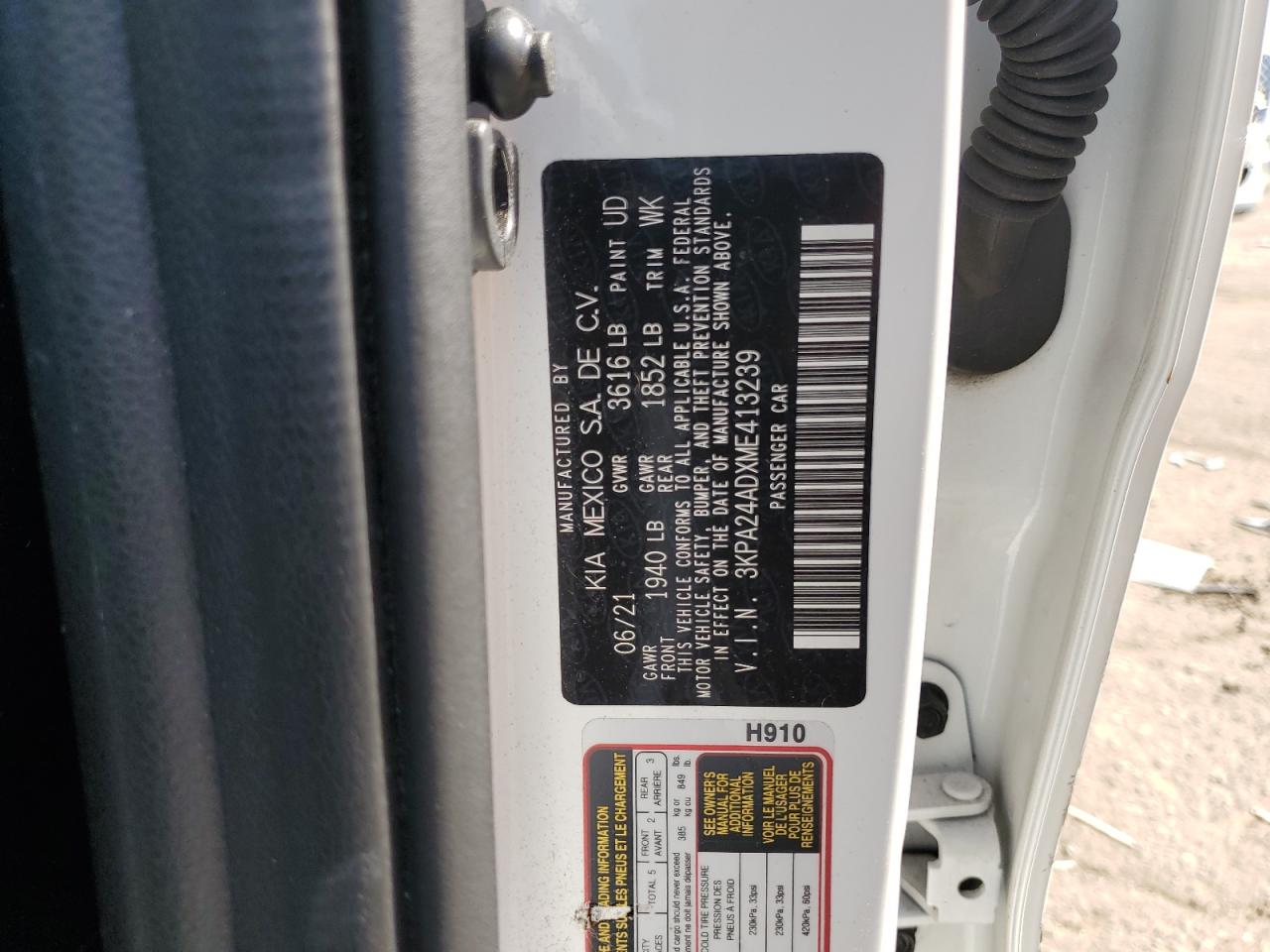 2021 Kia Rio Lx VIN: 3KPA24ADXME413239 Lot: 81034195