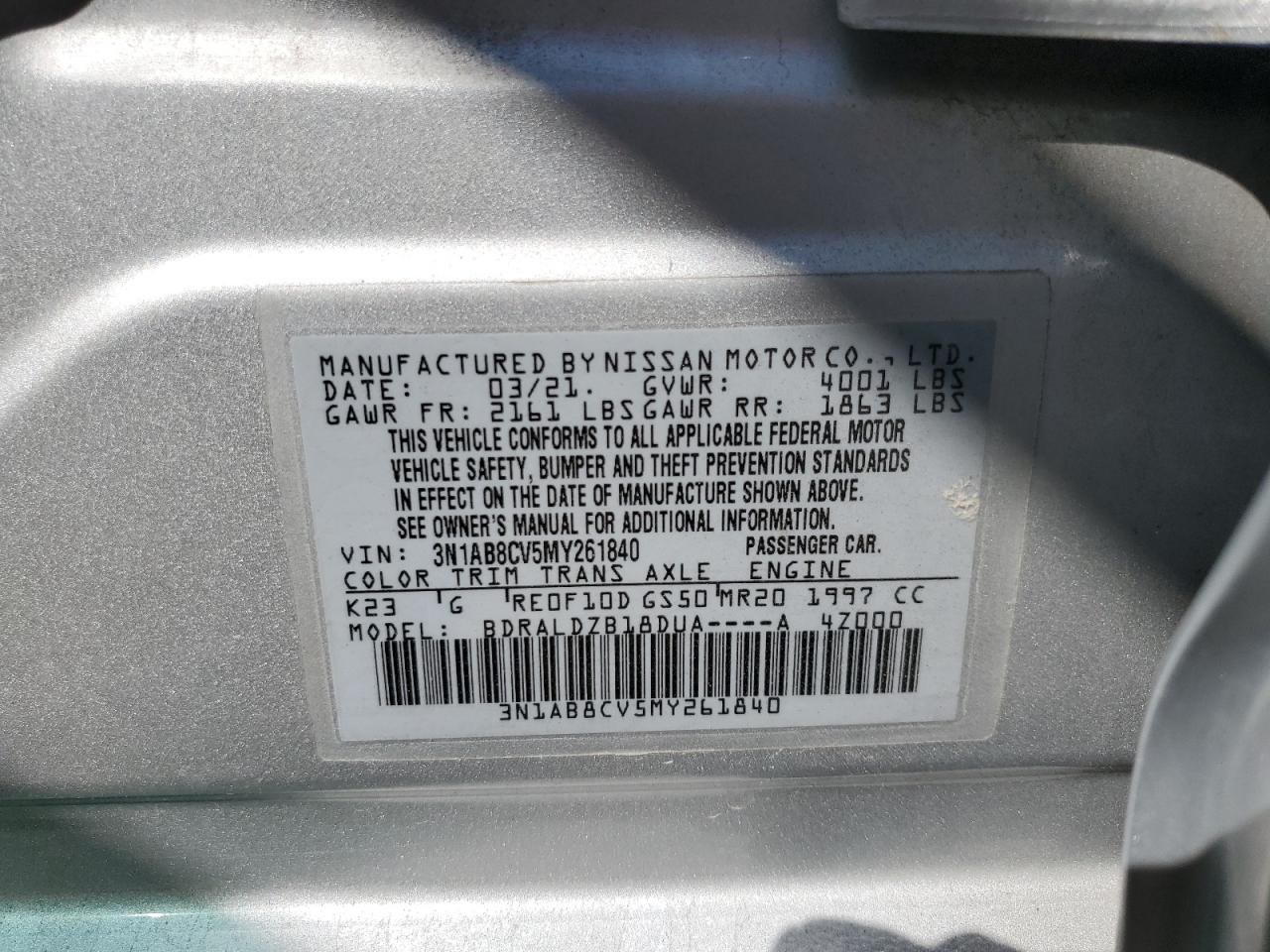 2021 Nissan Sentra Sv VIN: 3N1AB8CV5MY261840 Lot: 81286785