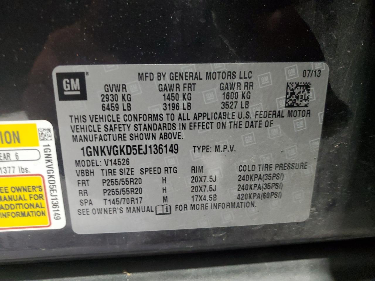 2014 Chevrolet Traverse Lt VIN: 1GNKVGKD5EJ136149 Lot: 71306945