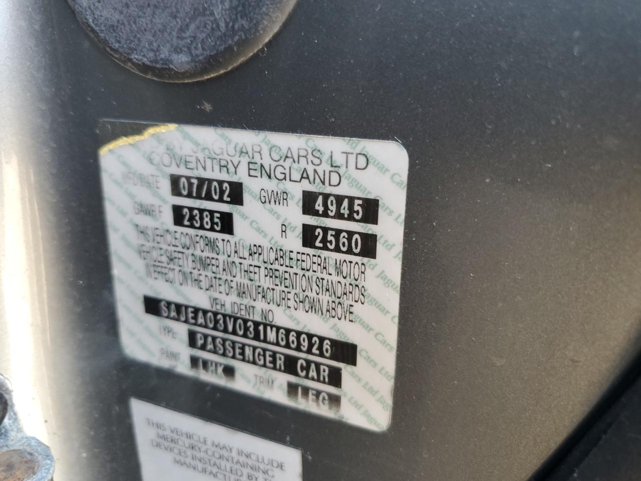 2003 Jaguar S-Type R VIN: SAJEA03V031M66926 Lot: 84056725