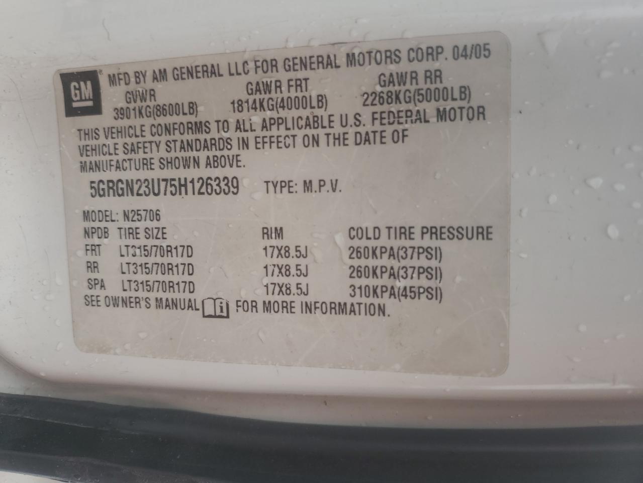 2005 Hummer H2 VIN: 5GRGN23U75H126339 Lot: 81343495