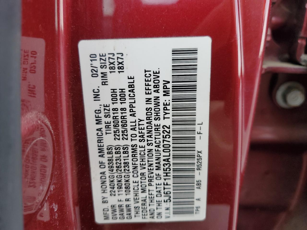 2010 Honda Accord Crosstour Exl VIN: 5J6TF1H53AL007522 Lot: 82117565