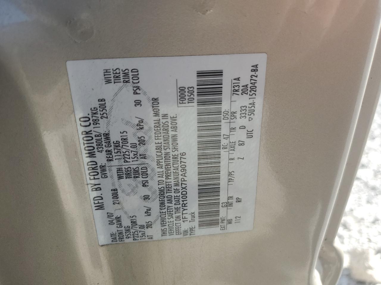 2007 Ford Ranger VIN: 1FTYR10DX7PA90776 Lot: 71644245