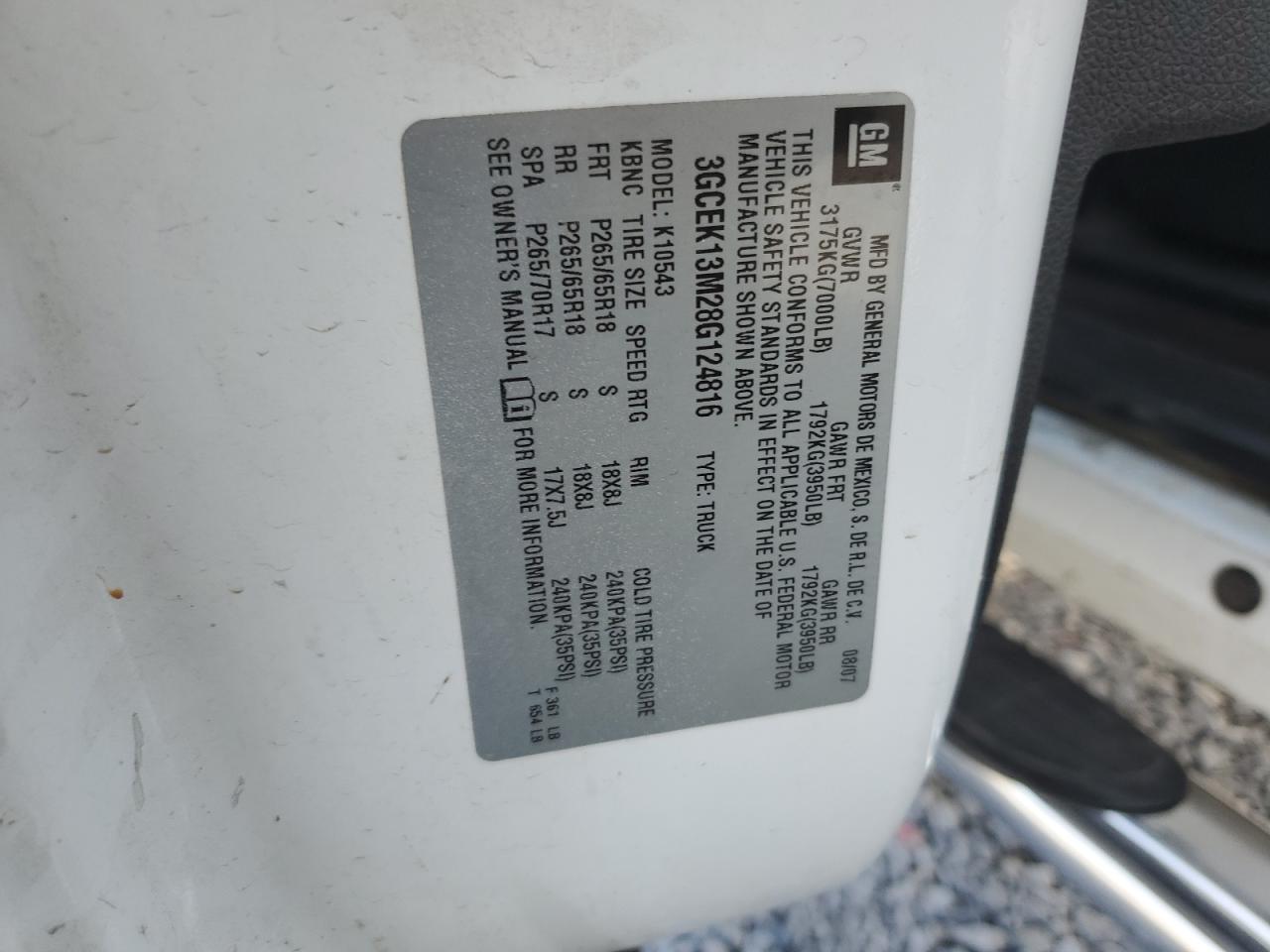 2008 Chevrolet Silverado K1500 VIN: 3GCEK13M28G124816 Lot: 80745515