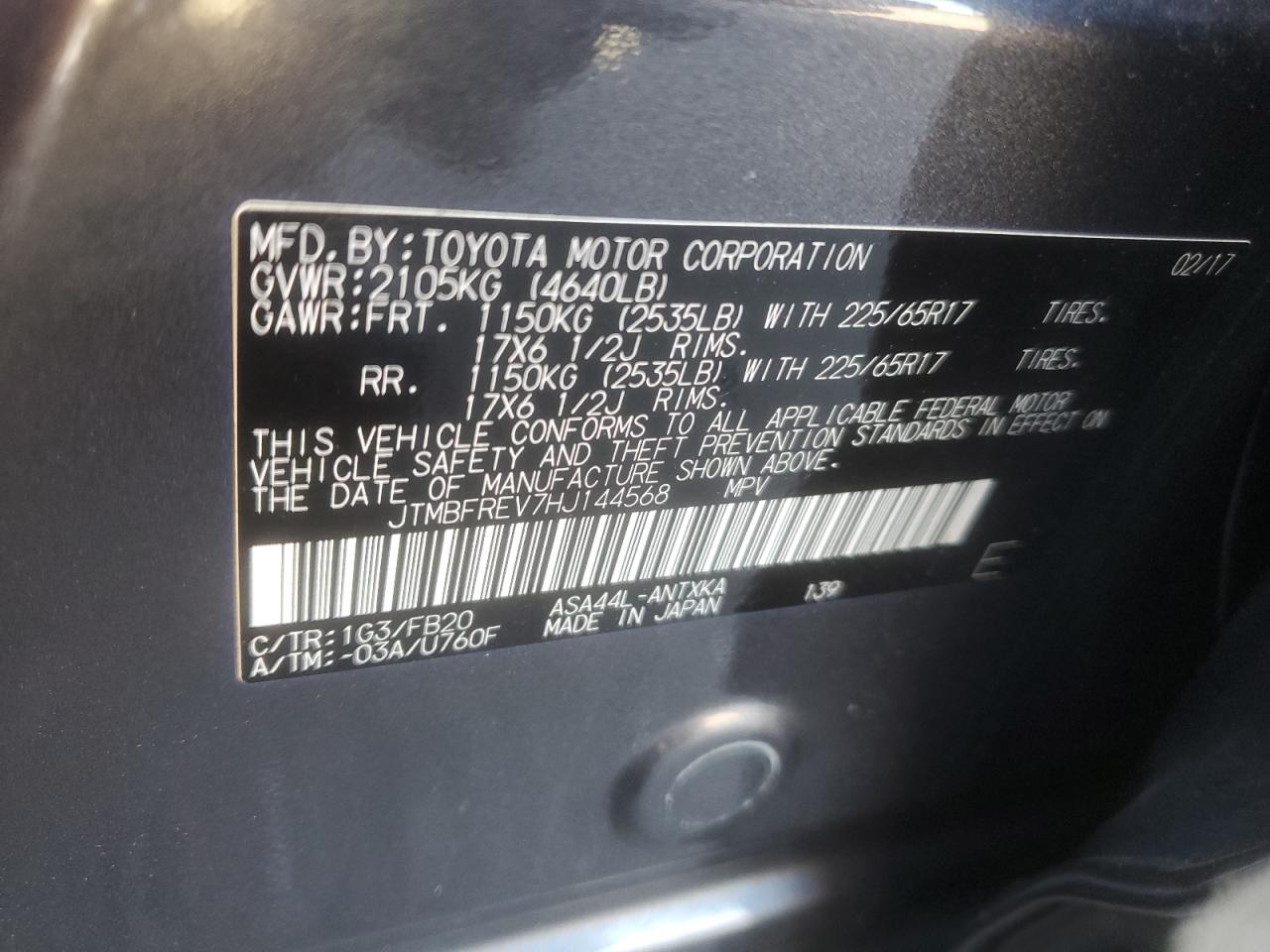 2017 Toyota Rav4 Le VIN: JTMBFREV7HJ144568 Lot: 81593355