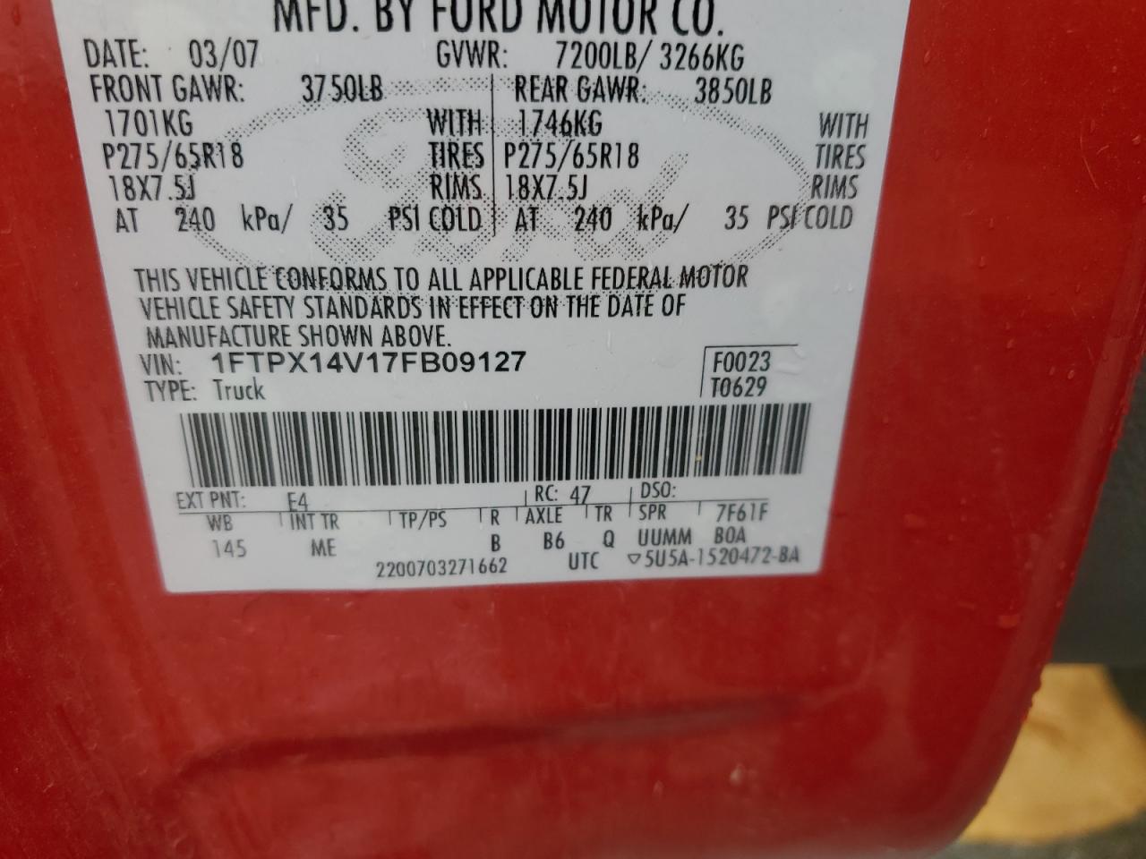 2007 Ford F150 VIN: 1FTPX14V17FB09127 Lot: 83864265
