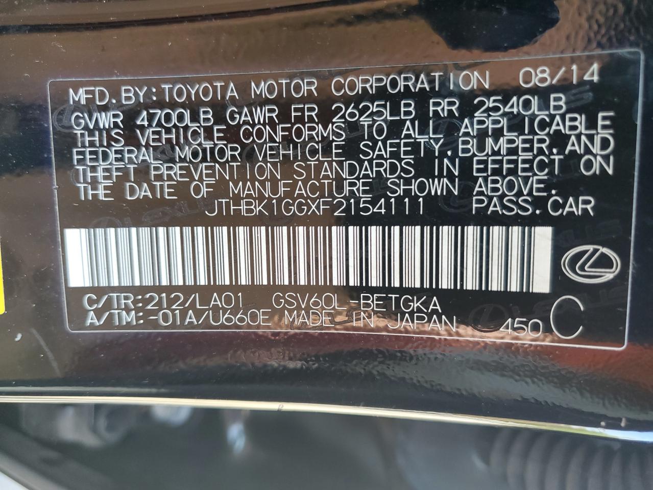 2015 Lexus Es 350 VIN: JTHBK1GGXF2154111 Lot: 83878285