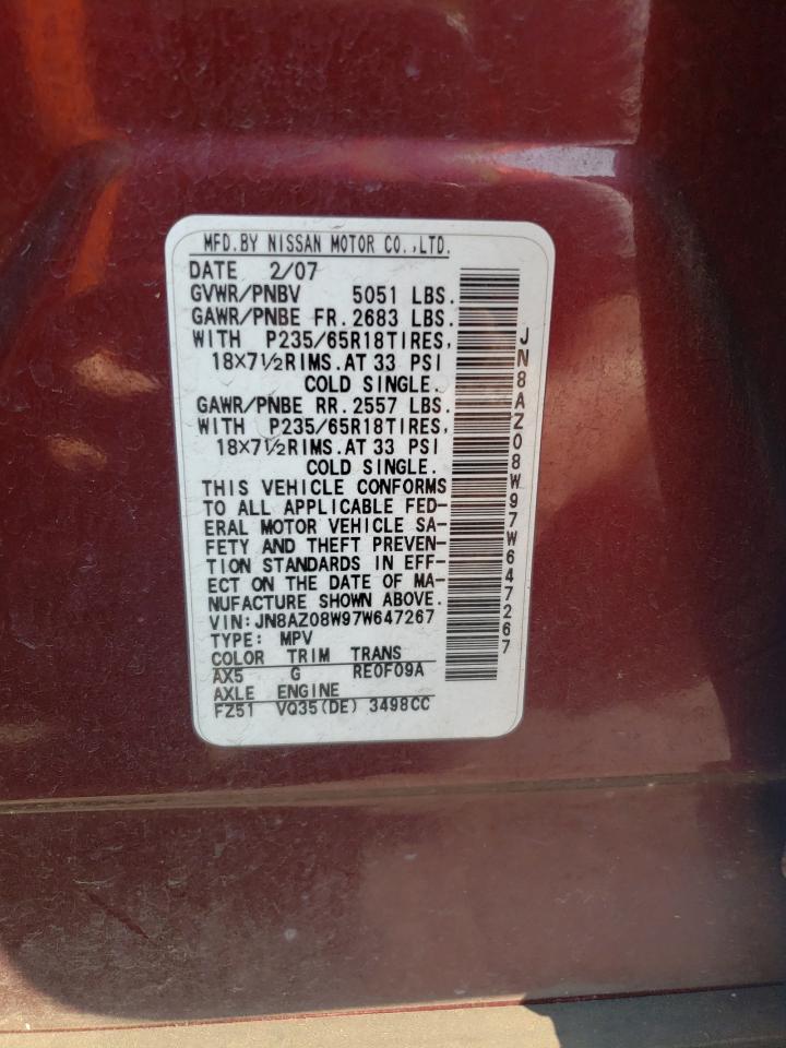 2007 Nissan Murano Sl VIN: JN8AZ08W97W647267 Lot: 71267845