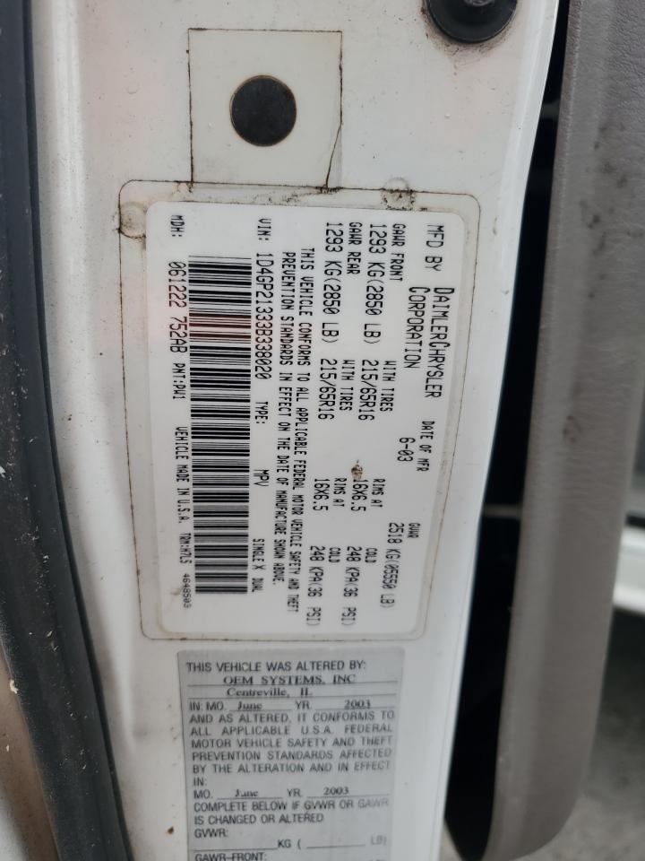 2003 Dodge Caravan C/V VIN: 1D4GP21333B338020 Lot: 72001195