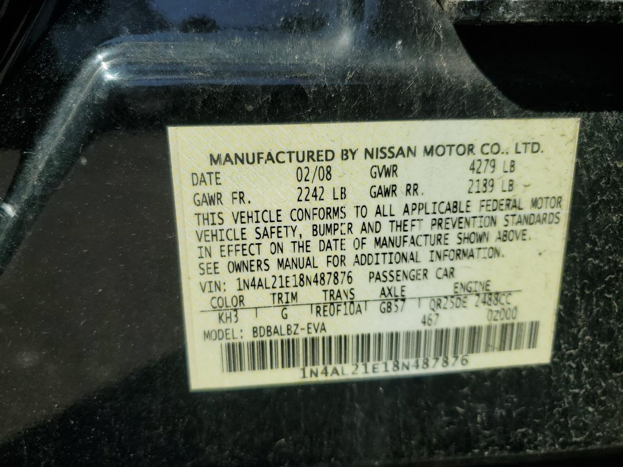 2008 Nissan Altima 2.5 VIN: 1N4AL21E18N487876 Lot: 71887635