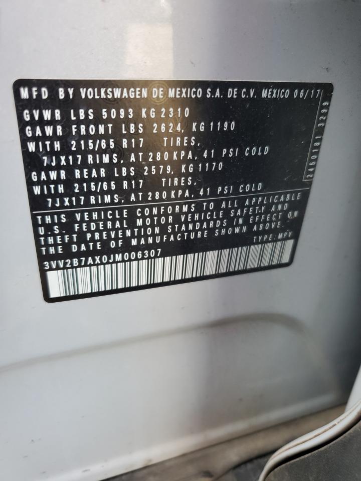2018 Volkswagen Tiguan Se VIN: 3VV2B7AX0JM006307 Lot: 84221135