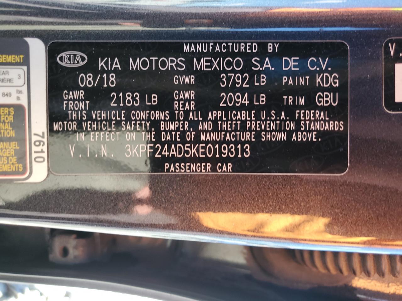 2019 Kia Forte Fe VIN: 3KPF24AD5KE019313 Lot: 83871905