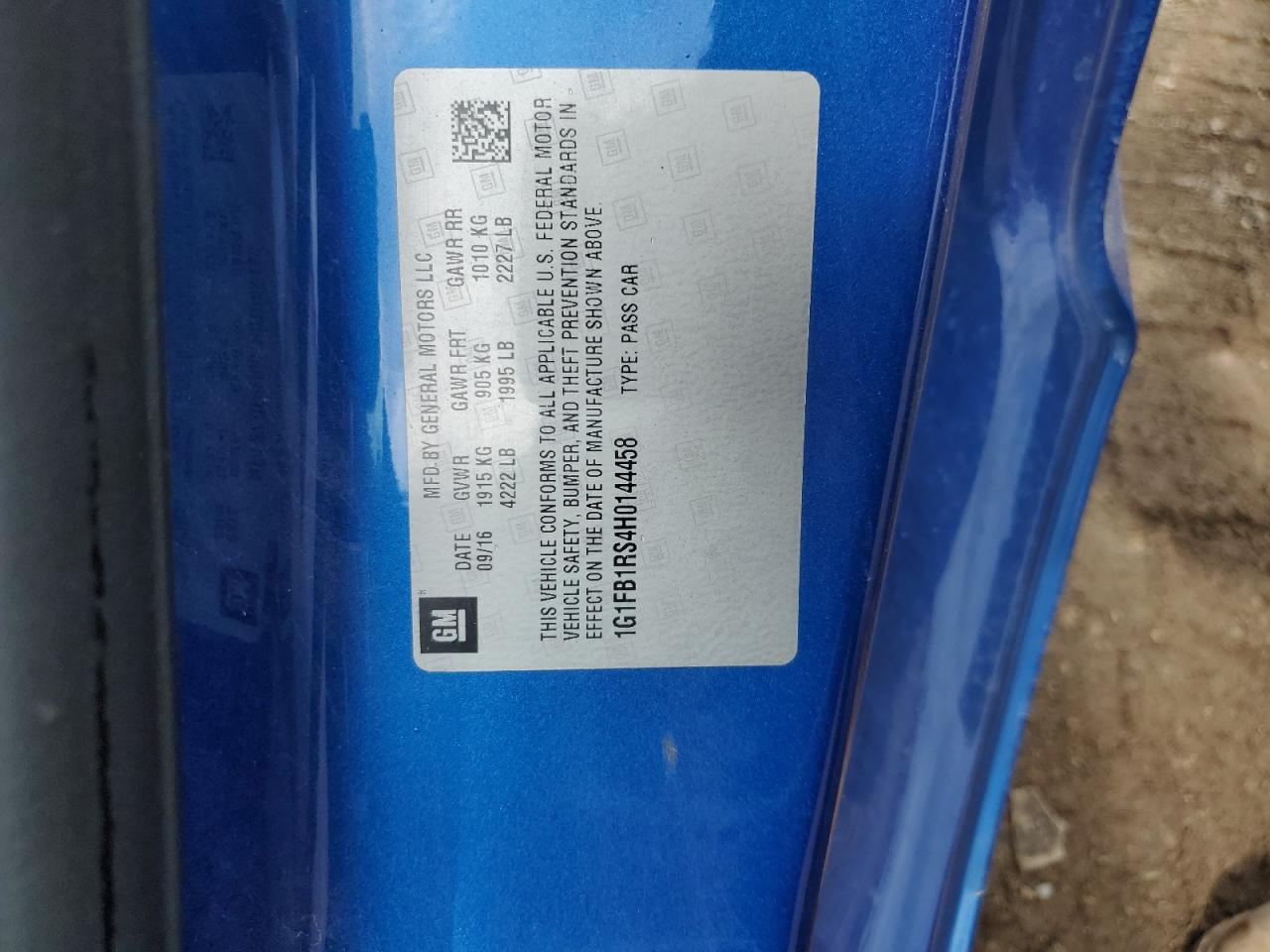 2017 Chevrolet Camaro Lt VIN: 1G1FB1RS4H0144458 Lot: 83853025