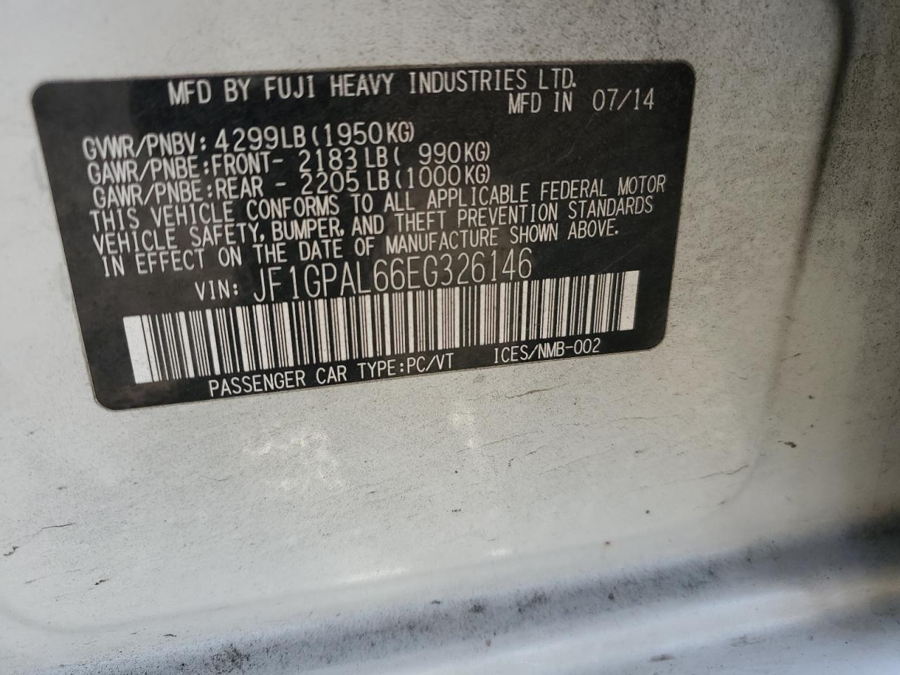 2014 Subaru Impreza Sport Premium VIN: JF1GPAL66EG326146 Lot: 71658195